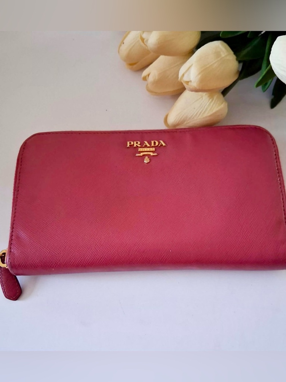 AUTH PRADA CONTINENTAL ZIP WALLET PEONY WITH COA